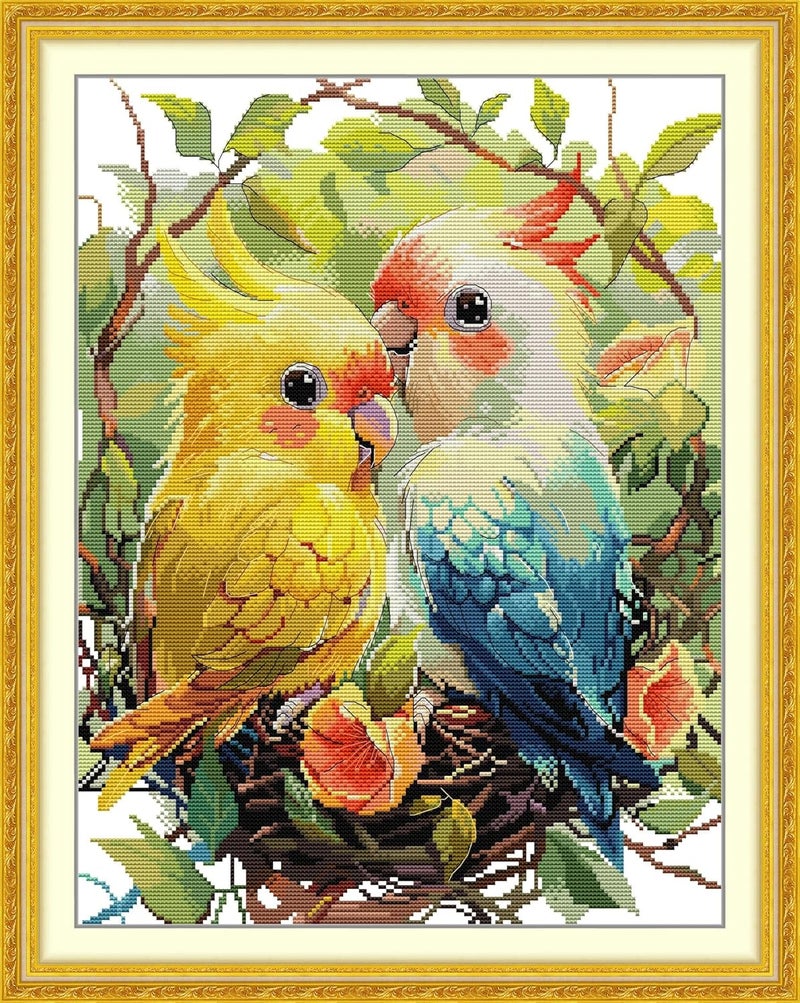 Maydiyer Counted Cross Stitch Kits for Adults,14CT Unprinted Pattern Embroidery Kits for Beginners,Easy Cross-Stitch Set DMC Threads Needlework-A Pair of Parrots 14.6''×18.5'' - Image 1